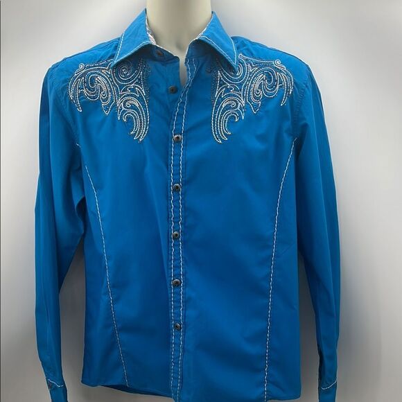 House of Lords Blue Button Down Shirt with Embroidered Design Y2K - Picture 1 of 7
